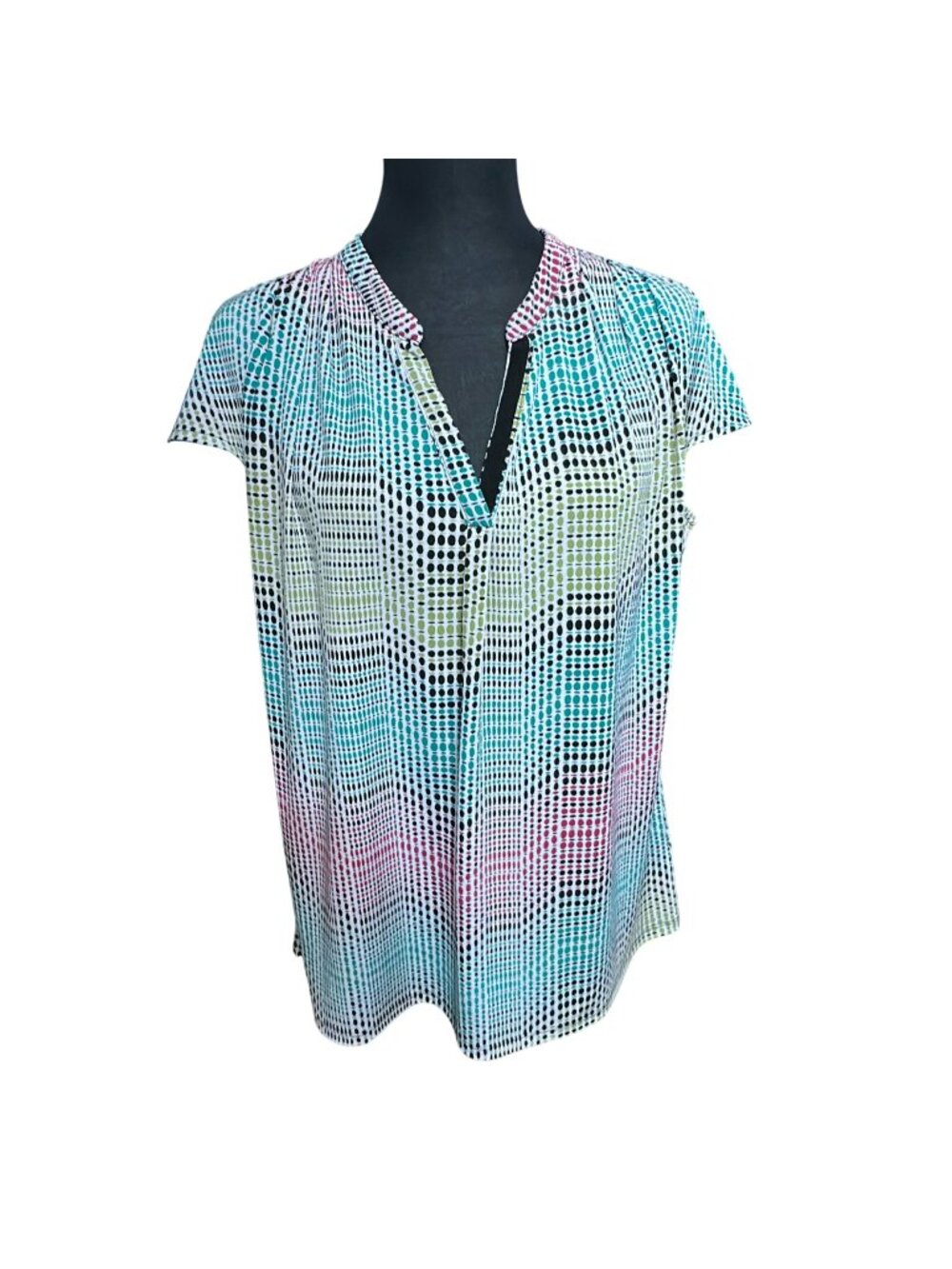 Worthington Shirt Women XL Pink Blue Dots V Neck Short Sleeve Career Office